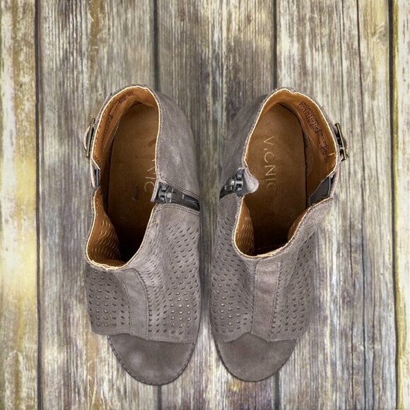 Vionic Women's  Size 7.5 Chryssa Taupe Suede Peep Toe Cone Heel Ankle Booties - Picture 8 of 11